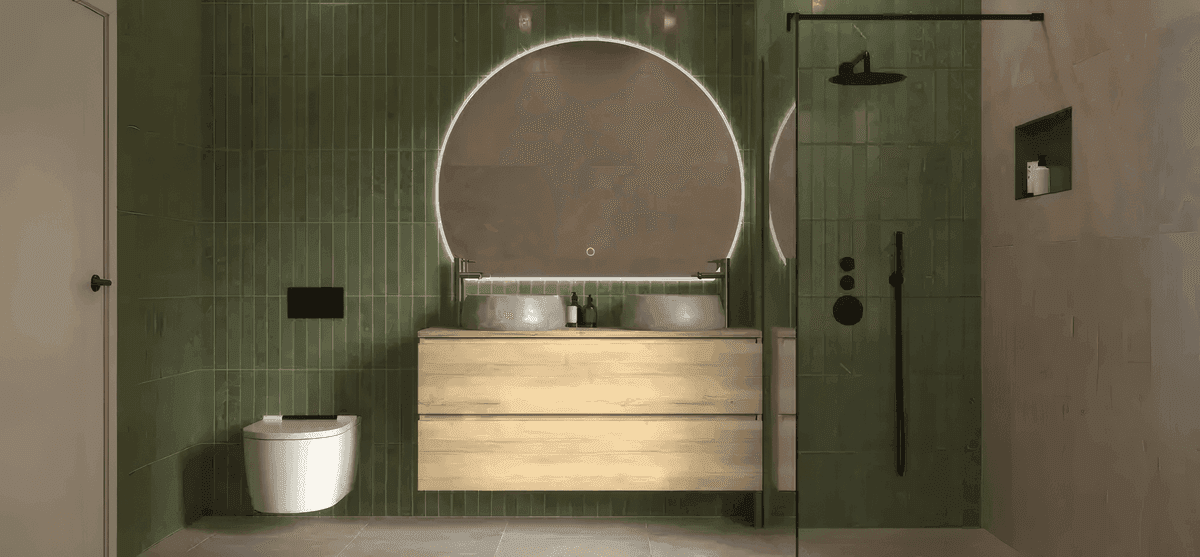 Complete badkamer met tegels en sanitair in showroom Sanitair & Tegel Expo Heteren